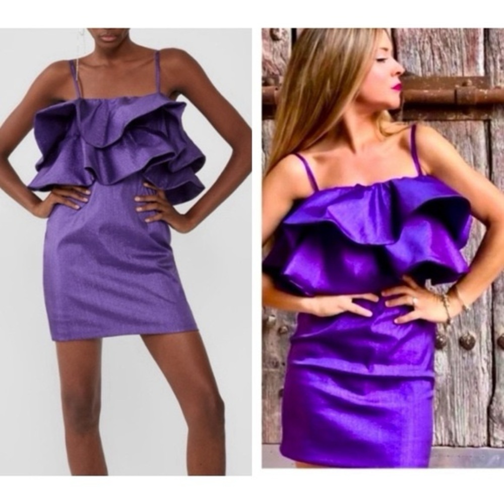 Zara Ruffled Spaghetti Strap Mini Dress in Purple XS